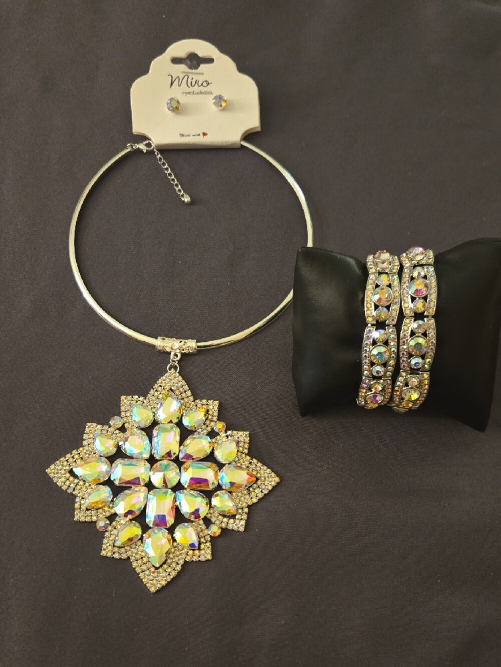 Iridescent Crystal Statement Necklace and Bracelet Set